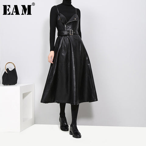 [EAM] 2019 New Spring  Solid Color Strapless Black PU Leather High Waist Belt Zipper Loose Dress For Women Fashion Tide JD032