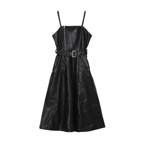 [EAM] 2019 New Spring  Solid Color Strapless Black PU Leather High Waist Belt Zipper Loose Dress For Women Fashion Tide JD032