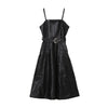 [EAM] 2019 New Spring  Solid Color Strapless Black PU Leather High Waist Belt Zipper Loose Dress For Women Fashion Tide JD032